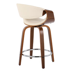 Symphony 24" Mid-Century Modern Fixed-Height Counter Stool with Swivel in Walnut Wood and Cream Faux Leather with Round Chrome Metal Footrest by LumiSource - Set of 2