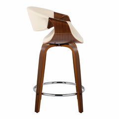 Symphony 24" Mid-Century Modern Fixed-Height Counter Stool with Swivel in Walnut Wood and Cream Faux Leather with Round Chrome Metal Footrest by LumiSource - Set of 2