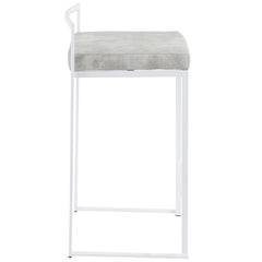 Fuji Contemporary Stackable Counter Stool in White with Light Grey Cowboy Fabric Cushion by LumiSource - Set of 2