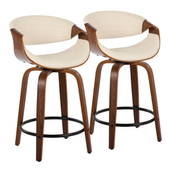 Symphony 24" Mid-Century Modern Fixed-Height Counter Stool with Swivel in Walnut and Cream Faux Leather with Round Black Metal Footrest by LumiSource - Set of 2