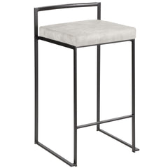 Fuji 26" Contemporary Stackable Counter Stool in Black Metal with Light Grey Cowboy Fabric Cushion by LumiSource - Set of 3