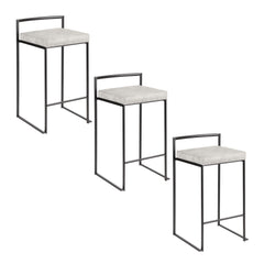 Fuji 26" Contemporary Stackable Counter Stool in Black Metal with Light Grey Cowboy Fabric Cushion by LumiSource - Set of 3