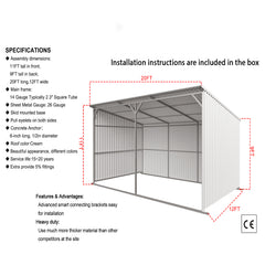 20FT x 12FT Livestock Metal Shed – Heavy-Duty Steel Shelter with Skid Base Storage Shed