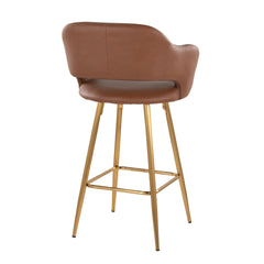 Margarite 26" Contemporary Fixed-Height Counter Stool in Gold Metal and Brown Faux Leather with Square Gold Metal Footrest by LumiSource - Set of 2