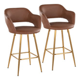 Margarite 26" Contemporary Fixed-Height Counter Stool in Gold Metal and Brown Faux Leather with Square Gold Metal Footrest by LumiSource - Set of 2