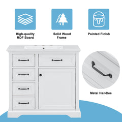 36-Inch Bathroom Vanity with Ceramic Sink Top, 4 Drawers and 1 Soft-Close Door, Freestanding Storage Cabinet with Metal Handles, Pre-Drilled for 8-Inch Faucet, White Finish