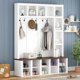 Farmhouse Wooden Hall Tree with 6 Hooks, Walnut Storage Bench with Adjustable Shelves, 4-in-1 Entryway Shoe Cabinet with Cubbies for Mudroom, Living Room, White, 76.7"H (OLD SKU: N721S000044K)
