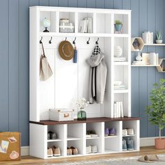 Farmhouse Wooden Hall Tree with 6 Hooks, Walnut Storage Bench with Adjustable Shelves, 4-in-1 Entryway Shoe Cabinet with Cubbies for Mudroom, Living Room, White, 76.7"H (OLD SKU: N721S000044K)