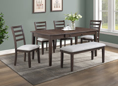 6pc Dining Set Multifunctional Table Upholstered Chair Bench Rich Wood Finish Dual Ended Hidden Storage Compartments Two Built-in Side Drawers Wooden Dining Room Furniture Wooden Dining Room Furniture
