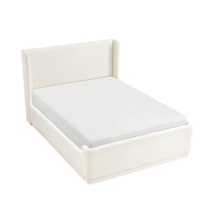 Beige Elegant Queen Platform Bed 1pc Wingback Headboard Durable Plywood Frame Bedroom Furniture Upholstery