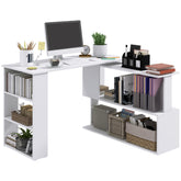 L Shaped Corner Desk, 360 Degree Rotating Home Office Desk with Storage Shelves, Writing Table Workstation, White