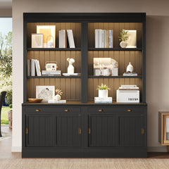 83.4"Tall Bookshelf Suite with LED Lighting, Modern Bookcase Suite with Sliding Doors,Drawers and Open Shelves,Storage Bookshelf for Living Room,Home Office,Black