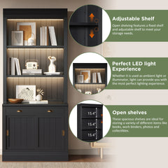 83.4"Tall Bookshelf Suite with LED Lighting, Modern Bookcase Suite with Sliding Doors,Drawers and Open Shelves,Storage Bookshelf for Living Room,Home Office,Black