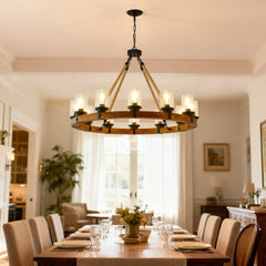 12-Light Rustic Wagon Wheel Chandelier,39"Wooden Pendant Light with Seeded Glass Shade,Industrial Chandeliers for Dining Room Kitchen lsland Foyer (Solid One-Piece Wood Frame Design)-NO INCLUDED BULBS