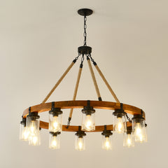 12-Light Rustic Wagon Wheel Chandelier,39"Wooden Pendant Light with Seeded Glass Shade,Industrial Chandeliers for Dining Room Kitchen lsland Foyer (Solid One-Piece Wood Frame Design)-NO INCLUDED BULBS