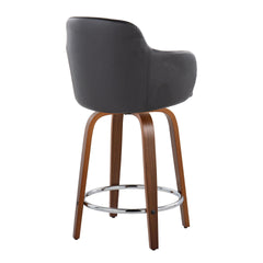 Boyne 24" Contemporary Fixed-Height Counter Stool with Swivel in Walnut Wood and Black Faux Leather with Round Chrome Metal Footrest by LumiSource - Set of 2