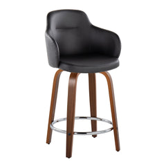 Boyne 24" Contemporary Fixed-Height Counter Stool with Swivel in Walnut Wood and Black Faux Leather with Round Chrome Metal Footrest by LumiSource - Set of 2