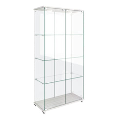 Modern Glass Display Cabinet with LED lights, Quick-assembly Antique Cabinet, Tempered Glass Bookshelf, Suitable for Living Room and Bedrooms, 2-door 4-shelf, Transparent+White