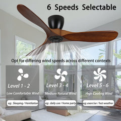 42-Inch Flush Mount Ceiling Fan Without Light, Solid Wood Blades, Reversible Quiet DC Motor, Remote Control with 6 Speeds & Timer, Energy Saving for Bedroom, Living Room, No Sloped Ceiling