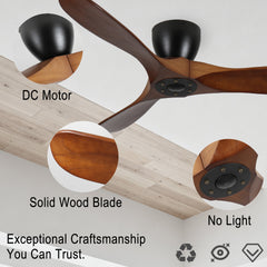 42-Inch Flush Mount Ceiling Fan Without Light, Solid Wood Blades, Reversible Quiet DC Motor, Remote Control with 6 Speeds & Timer, Energy Saving for Bedroom, Living Room, No Sloped Ceiling
