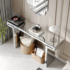60 Inches Luxury Full-Length Mirror Console Table with Fluted Tempered Glass, Entryway Mirrored Sofa Table, Light Luxury Style, Scratch-Resistant, Reinforced Packaging