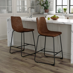 Set of 2 Retro Brown Suede Bar Chairs,Comfortable stools suitable for industrial and vintage style settings, with product dimensions of 17.7*14.5*37 inches.