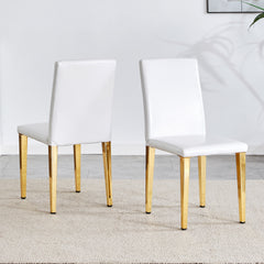 Set of 2 white PU leather backrest chairs with gold metal legs -A perfect match, suitable for minimalist and contemporary home decor styles, with product dimensions of 16.2*18.5*34.6 inches.