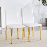 Set of 2 white PU leather backrest chairs with gold metal legs -A perfect match, suitable for minimalist and contemporary home decor styles, with product dimensions of 16.2*18.5*34.6 inches.