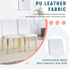 Set of 2 white PU leather backrest chairs with gold metal legs -A perfect match, suitable for minimalist and contemporary home decor styles, with product dimensions of 16.2*18.5*34.6 inches.