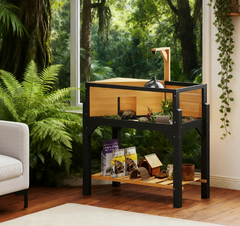 Wooden Tortoise Habitat with Storage Shelf, Tortoise Enclosure with Clear Windows, Openable Top, Lamp Holder, Yellow