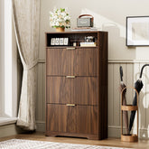 Shoe Cabinet Storage for Entryway Hidden Shoes Storage Cabinet with 3 Flip Drawers, Tall Free Standing Shoe Organizer Rack for Foyer, Hallway. Walnut ,31.6'' L x 9.6'' W x 54.4'' H.