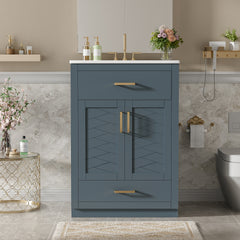 24" Bathroom Vanity with Integrated Ceramic Sink, Bathroom Cabinet with 2 Doors, 1 Tip-out Drawer, Single Sink Bathroom Vanity for Small and Medium Restroom, Blue