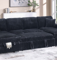 Modern Style Convertible Sectional 3pc Corduroy Fabric Upholstered Sleeper Sofa Two Storage Chaises Black Finish Primary Living Room