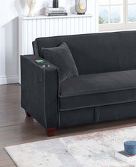 1pc Convertible Sofa w/ Hidden Storage Folding Backrest Cup Holder USB Ports Wooden Legs Matching Pillows Black Finish Primary Living Room