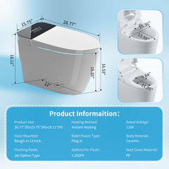 Tankless Smart Toilet With Bidet Built In, One-piece Bidet Toilet Seat, Auto Flush,Heated Seat, Warm Water and Dry, Adjustable Temp,Remote Control Side Know