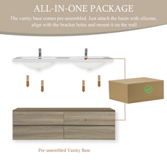 72" Floating Bathroom Vanity with Sink, Wall-Mounted Storage Cabinet with Solid Surface Top Basin, Two Sinks Four Soft Close Drawers Fully Assembled, Ash Grey 24V11-72AG-W1920P385506