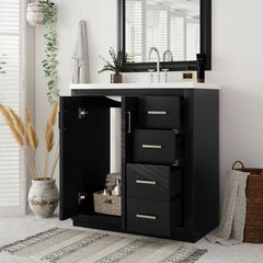 30'' Bathroom Vanity with Ceramic Sink Combo, Solid Wood Frame Bathroom Storage Cabinet, Freestanding Vanity Set with 3 Drawers& Soft Closing Doors