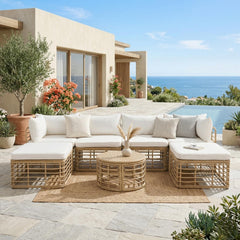 GO 7 Pieces Outdoor Patio Furniture, All-Weather Rattan Sectional Sofa Set with Thick Cushions and Pillows, Freely Combined Conversation Sets for Garden, Backyard, Balcony, Beige