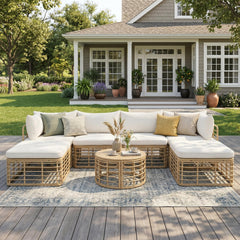 GO 7 Pieces Outdoor Patio Furniture, All-Weather Rattan Sectional Sofa Set with Thick Cushions and Pillows, Freely Combined Conversation Sets for Garden, Backyard, Balcony, Beige