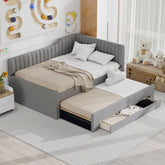 Full Size Upholstered Daybed with Trundle and Three Drawers, Gray