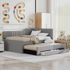 Full Size Upholstered Daybed with Trundle and Three Drawers, Gray