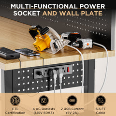 60 Inch Heavy Duty Workbench with Storage Cabinet, Wooden Top, 2000 lbs Capacity, Large Garage Work Table with Pegboard, Power Outlet