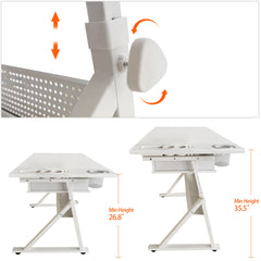 Adjustable drawing drafting table desk with 2 drawers for home office and school with stool (all white)
