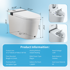 Smart Toilet with Bidet Seat Built-in,Auto Open/Close Seat, Foot Sensor, LED Display,Night Light, Warm Water & Dryer,Revolving lamp,Side Knob With Multiple Controls