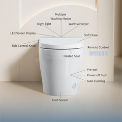 Tankless Smart Toilet With Bidet Built In, One-piece Bidet Toilet Seat, Auto Flush,Heated Seat, Warm Water and Dry, Adjustable Temp,Remote Control Side Know