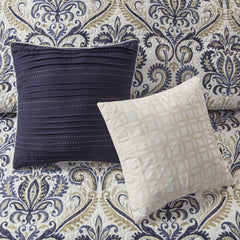 6 Piece Reversible Quilt Set with Throw Pillows Navy/Tan Full/Queen