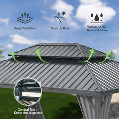 10x13FT Outdoor Gazebo, Hardtop Gazebo with Galvanized Steel Double Roof, Metal Gazebos with Drainage System Patio Pergola for Patio Deck Backyard,Curtain and Netting,Gray