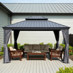 11x13FT Outdoor Gazebo, Hardtop Gazebo with Galvanized Steel Double Roof, Metal Gazebos with Drainage System Patio Pergola for Patio Deck Backyard,Curtain and Netting,Gray