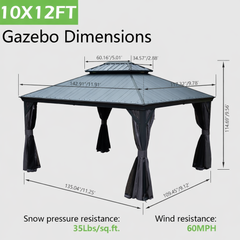 10'x12' Hardtop Gazebo with Resin Roof, Outdoor Metal Gazebo with Drainage Gutters, Permanent Heavy Duty Pavilion for Patio, Backyard and Deck, Curtains and Mosquito Netting Included