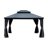 10'x12' Hardtop Gazebo with Resin Roof, Outdoor Metal Gazebo with Drainage Gutters, Permanent Heavy Duty Pavilion for Patio, Backyard and Deck, Curtains and Mosquito Netting Included